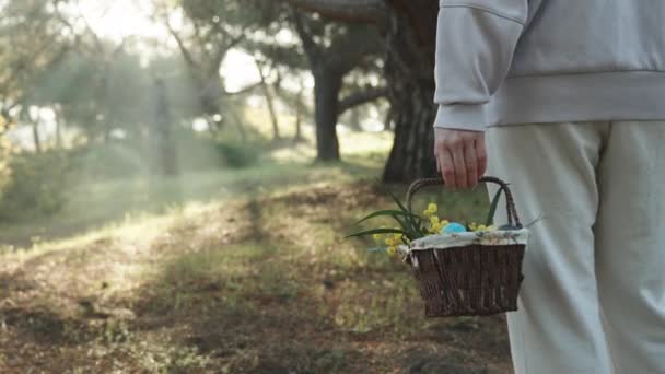 Woman White Stands Forest Swinging Basket Easter Eggs Her Hands — Video