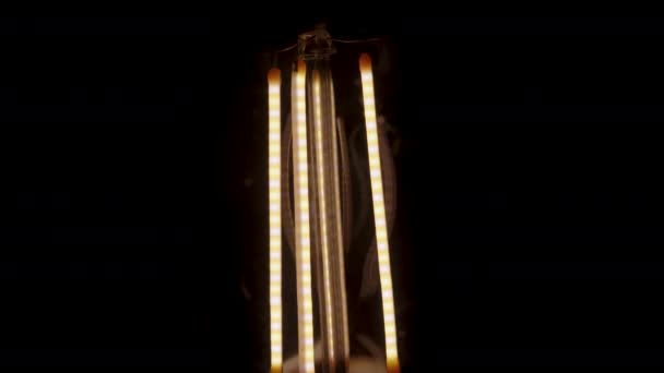 Nahaufnahme Einer Glühbirne Mit Led Filamenten Inneren Die Langsam Aufleuchtet — Stockvideo