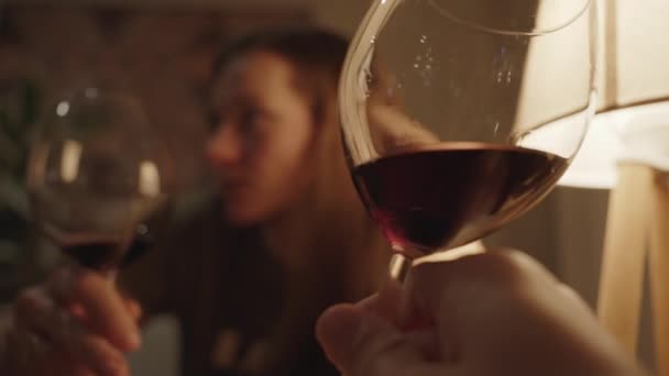 Homem Segura Gira Copo Vinho Tinto Assistindo Como Uma Mulher — Vídeo de Stock