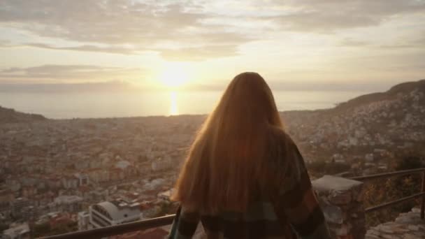 Woman Descends Steps Mountain City Sunset View Sea Turkey Alanya — Stock Video