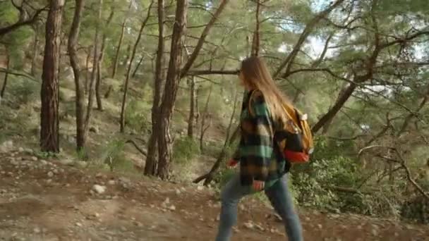 森の中の急なダートロードに沿って 山頂に向かうバックパックのある若い女性 — ストック動画