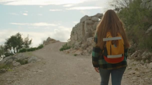 Journey Young Woman Mountain Summit She Walks Backpack Winding Road — Stock Video