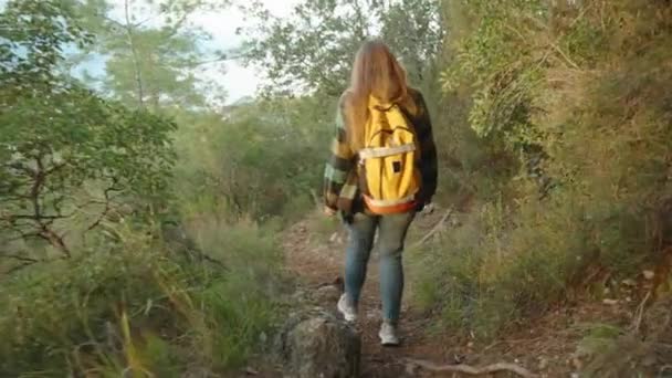 Mulher Com Uma Mochila Laranja Brilhante Desce Montanha Através Árvores — Vídeo de Stock