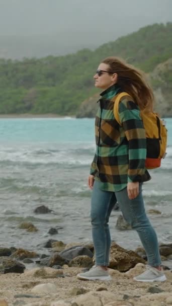 Вертикальное Видео Вдохновлённая Счастливая Молодая Женщина Наслаждается Жизнью Морским Бризом — стоковое видео