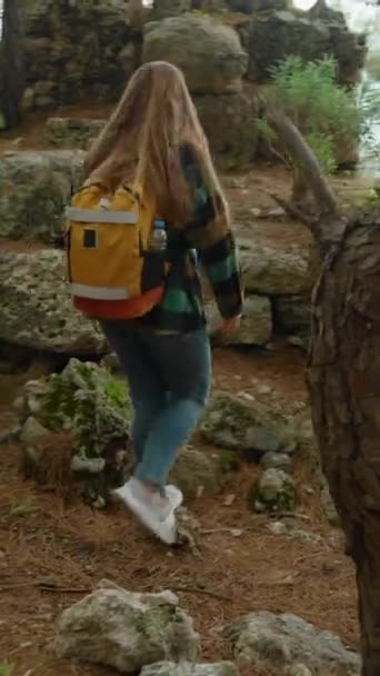 Κάθετο Βίντεο Μια Γυναίκα Σακίδιο Περπατά Μέσα Στο Δάσος Και — Αρχείο Βίντεο