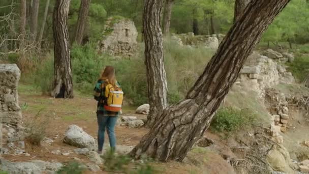 Female Tourist Who Loves History Explores Ancient Ruins Forest City — Stock Video