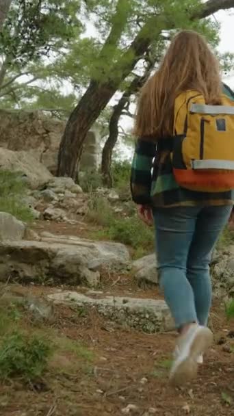 Vertical Video Young Solitary Female Traveler Walks Forest Edge Cliff — Stock Video