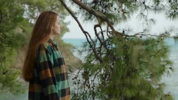 暖かい緑地のシャツの若い女性は クリフから掛かっている厚い松の枝を通して海の景色を望んでいます 女性性 — ストック動画