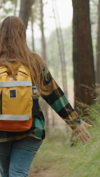 Pionowe Wideo Tylny Widok Młodej Kobiety Wędrującej Plecakiem Podróżującej Samotnie — Wideo stockowe