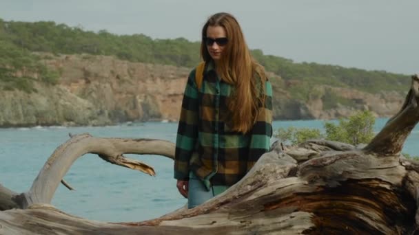 Młoda Kobieta Plecakiem Siedzi Pniu Suchego Drzewa Nad Morzem Podziwiając — Wideo stockowe