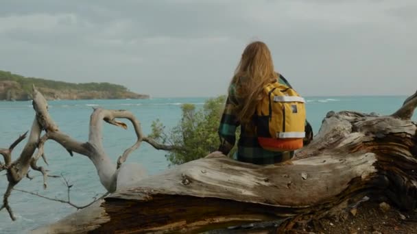 Lone Female Traveler Bright Backpack Enjoys View Blue Lagoon While — Stock Video