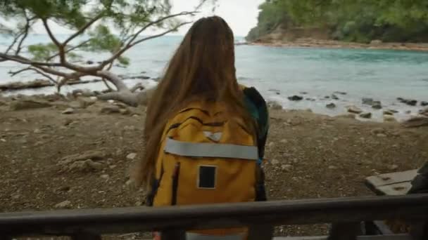 Młoda Samotna Kobieta Podróżująca Plecakiem Spoczywa Ławce Pod Sosną Podziwiając — Wideo stockowe