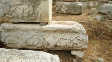 Taşların üzerine oyulmuş karmaşık desenleri ve yazıtları olan kadim sütunlar. Antik Lycia şehri, Phaselis.