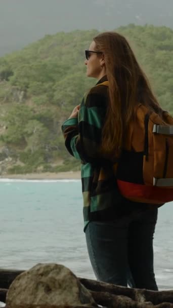 バーティカルビデオ バックパック付きの若くて孤独な女性の旅行者は 青い水と海の風を賞賛し 松林の海岸に立っています — ストック動画