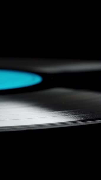Slider Rotating Vinyl Record Black Background Close Isolated Blue Label — Stock Video