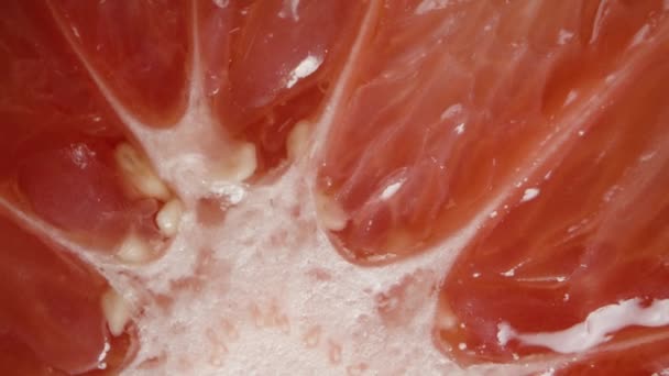 Makrorotacja Czerwonego Mięsa Połówki Grejpfruta Plasterkach — Wideo stockowe