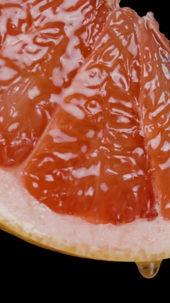 Vertikales Video Aus Einer Scheibe Grapefruit Mit Rotem Fruchtfleisch Tropfen — Stockvideo