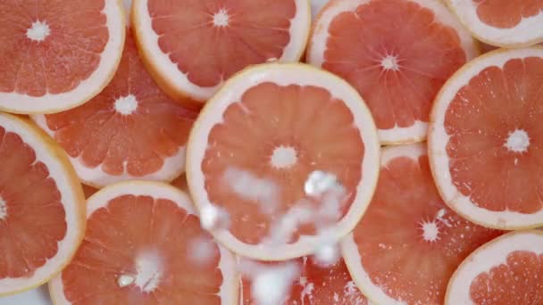 Kulaté Plátky Grapefruitu Shora Jeden Točí Voda Kape Pomalém Pohybu — Stock video