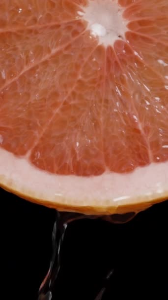 从顶部 果汁从柚子片滴落到其他切片 在一个黑色的背景 多莉滑翔机 — 图库视频影像