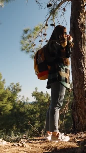 垂直录像 在蓝天的背景下 从松树林中的一个高高的悬崖上 一个背着背包的女人 — 图库视频影像
