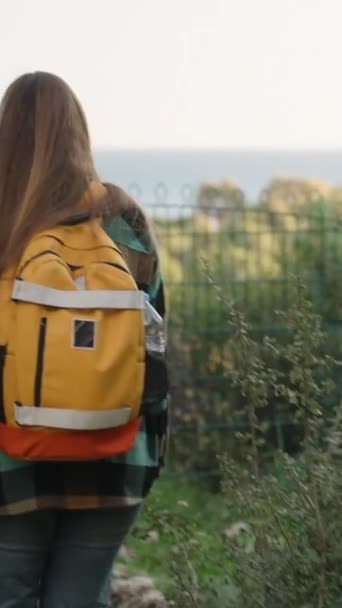 バーティカルビデオ バックパックを持つ女性は 距離の海と木のトップとクリフの端にフェンスをアプローチします — ストック動画