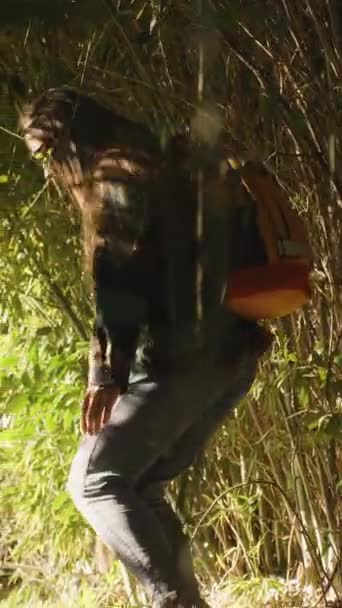 Вертикальное Видео Женщина Темных Бамбуковых Зарослях Моет Руки Ручье Солнечным — стоковое видео