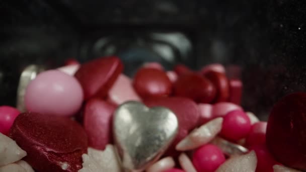 Camera Jar Pink Sugar Decorations Form Hearts Balls Sprinkling Confectionery — Stock Video