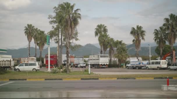 Autopista Ocupada Con Camiones Estacionamiento Cerca Las Palmeras Altas Contexto — Vídeos de Stock