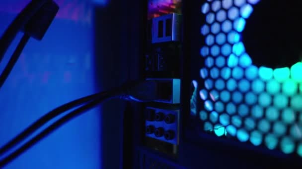 Женская Рука Подключает Проводной Интернет Кабель Ethernet Порту Огни Передачи — стоковое видео