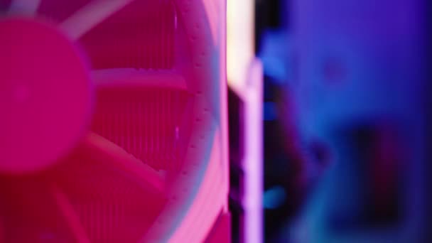 Close Rotating Cooler Radiator Processor Multicolored Rgb Lighting — Stock Video