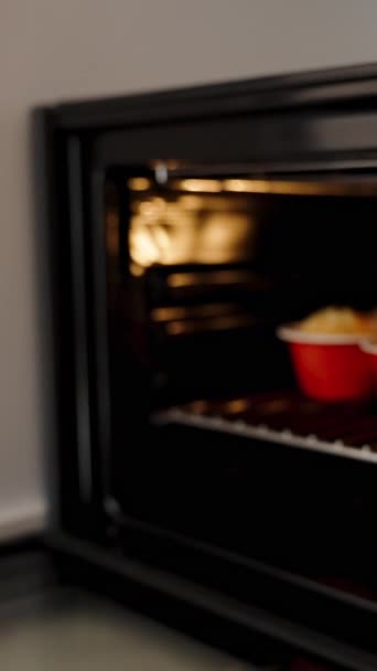 烤箱一种小型烤箱 从里面取出新鲜烘焙的纸杯蛋糕 慢镜头特写 — 图库视频影像