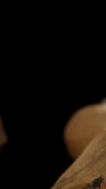 垂直录像 山核桃在坚韧壳中的多姿多彩 照相机在黑色背景下穿过它们 多莉滑翔机 — 图库视频影像