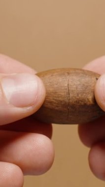 Dikey video. Erkeklerin elleri cevizi ikiye ayırır. Bej bir arkaplanda yakın plan.