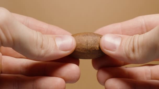 Männerhände Knacken Eine Pekannuss Zwei Teile Nahaufnahme Auf Beigem Hintergrund — Stockvideo