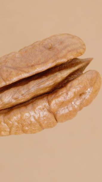 Vertical Video Peeled Pecan Nut Cyclically Rotates Close Brown Background — Stock Video