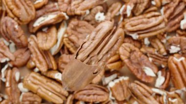 Çatlamış bir kabuktaki fındık, yukarıdan bakıldığında, diğer fındıkların arka planında döngüsel olarak döner..