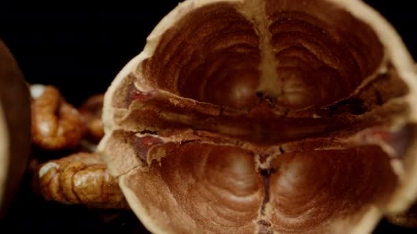 山核桃壳内部纹理上的宏观变焦 坚果散落在一张黑色的桌子上 多莉滑翔机 — 图库视频影像