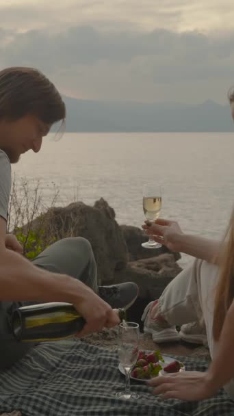 垂直录像 一对年轻夫妇坐在毛毯上 男人倒香槟 Admires日落在海上 — 图库视频影像