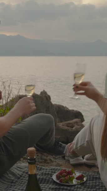 垂直录像 一对年轻夫妇的浪漫约会他们坐在毛毯上 香槟酒的叮当声和大海的夕阳西下 — 图库视频影像
