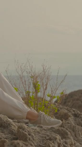 バーティカルビデオ 孤独な若い女性は海の岩の上に毛布の上に座り 空のガラスを保持し 隣にはシャンパンのボトルがあります — ストック動画