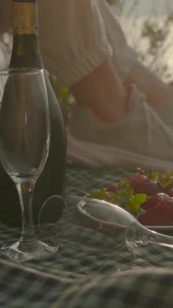 バーティカルビデオ ブランケットにグラスとイチゴのシャンパン 近くに座っている若い女性の足 海の夕日を鑑賞 — ストック動画