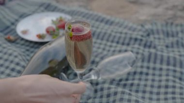 Kadın çilekli şampanya kadehini kaldırıyor. Boş bir şişe ve cam battaniyenin üzerinde yatıyor. Yalnızlık kavramı..