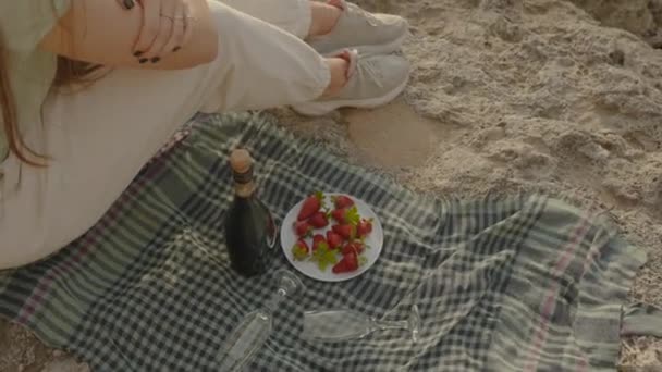 海の岩の上のブランケットに横たわるイチゴと2つのメガネのシャンパン 孤独な女性 — ストック動画