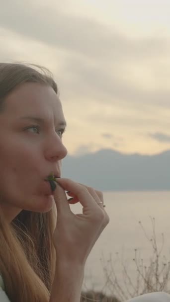 バーティカルビデオ 海からの岩の日 女性はストロベリーを食べます ブランケットにシャンパン サンセット アット — ストック動画