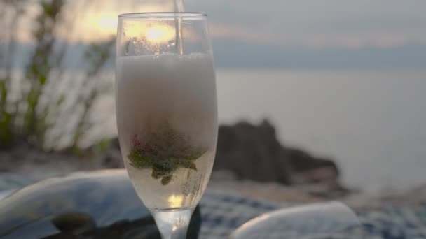 Strawberry Falls Champagne Glass Bubbles Splash Everywhere Datum Deken Bij — Stockvideo