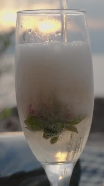 Vertikales Video Erdbeere Fällt Ins Champagnerglas Und Überall Platschen Blasen — Stockvideo