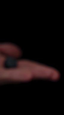 Dikey video. Uzaktan yavaşça ortaya çıkan yaban mersini, bir adamın avucunda belirir. Yakın plan..