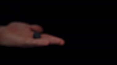 Uzaktan yavaşça ortaya çıkan yaban mersini, bir adamın avucunda belirir. Yakın plan..