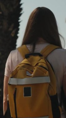 Dikey video. Sırt çantalı bir kadın turist güneş ışığı altında parkta geziniyor. Uzakta dağlar, görünen karlı zirveler..
