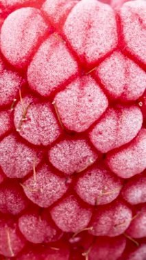 Dikey video. Donmuş ahududu dokusunun hızla erimesi..